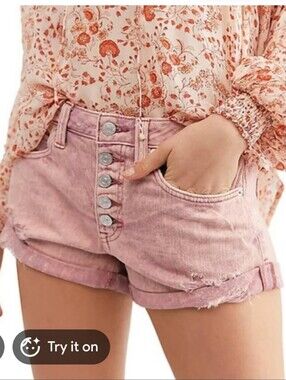 Free People Pink Rolled Cuff Denim Shorts Sz 24 Relaxed Fit